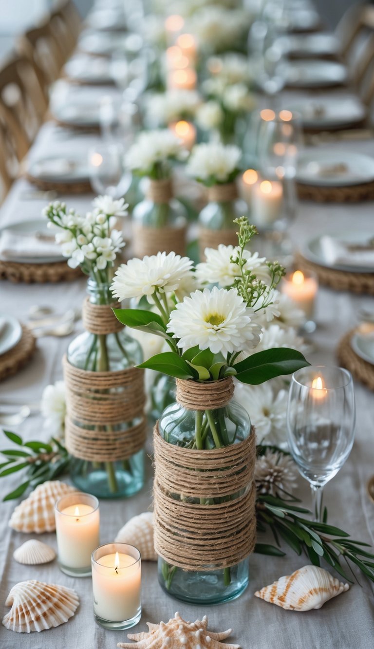 A coastal-themed event table set with twine-wrapped glass bottles holding fresh flowers, surrounded by lit candles and natural decorative elements.