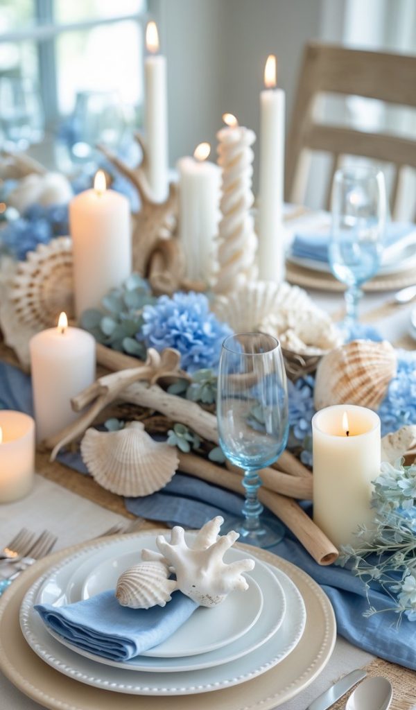 A dining table set with white plates, blue napkins, seashells, candles, driftwood, blue hydrangeas, and glassware, creating a coastal-themed centerpiece.