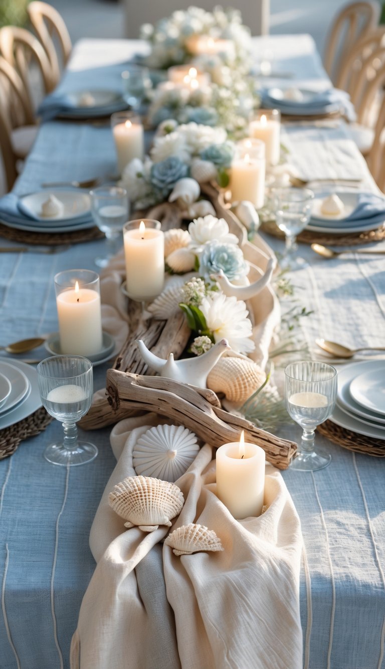 A coastal-themed dining table set with a soft blue and beige tablecloth, floral centerpiece, candles, and natural light illuminating the scene.