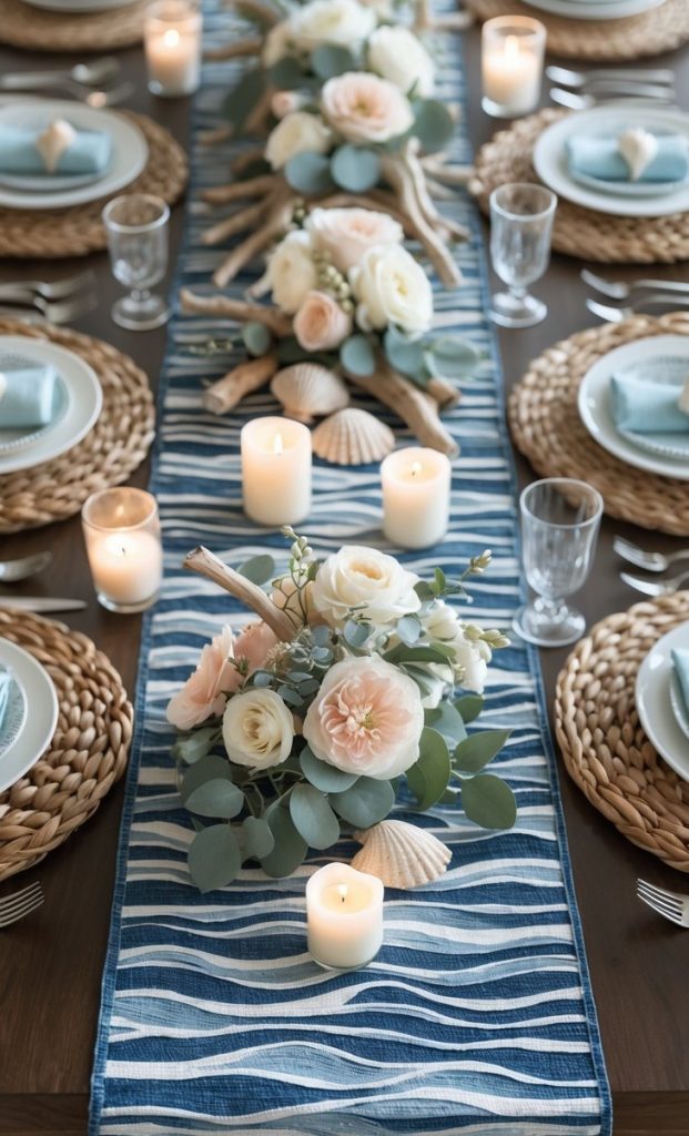 A dining table set with woven placemats, plates, glassware, and napkins, featuring a blue striped runner, floral centerpieces, seashells, and lit candles.