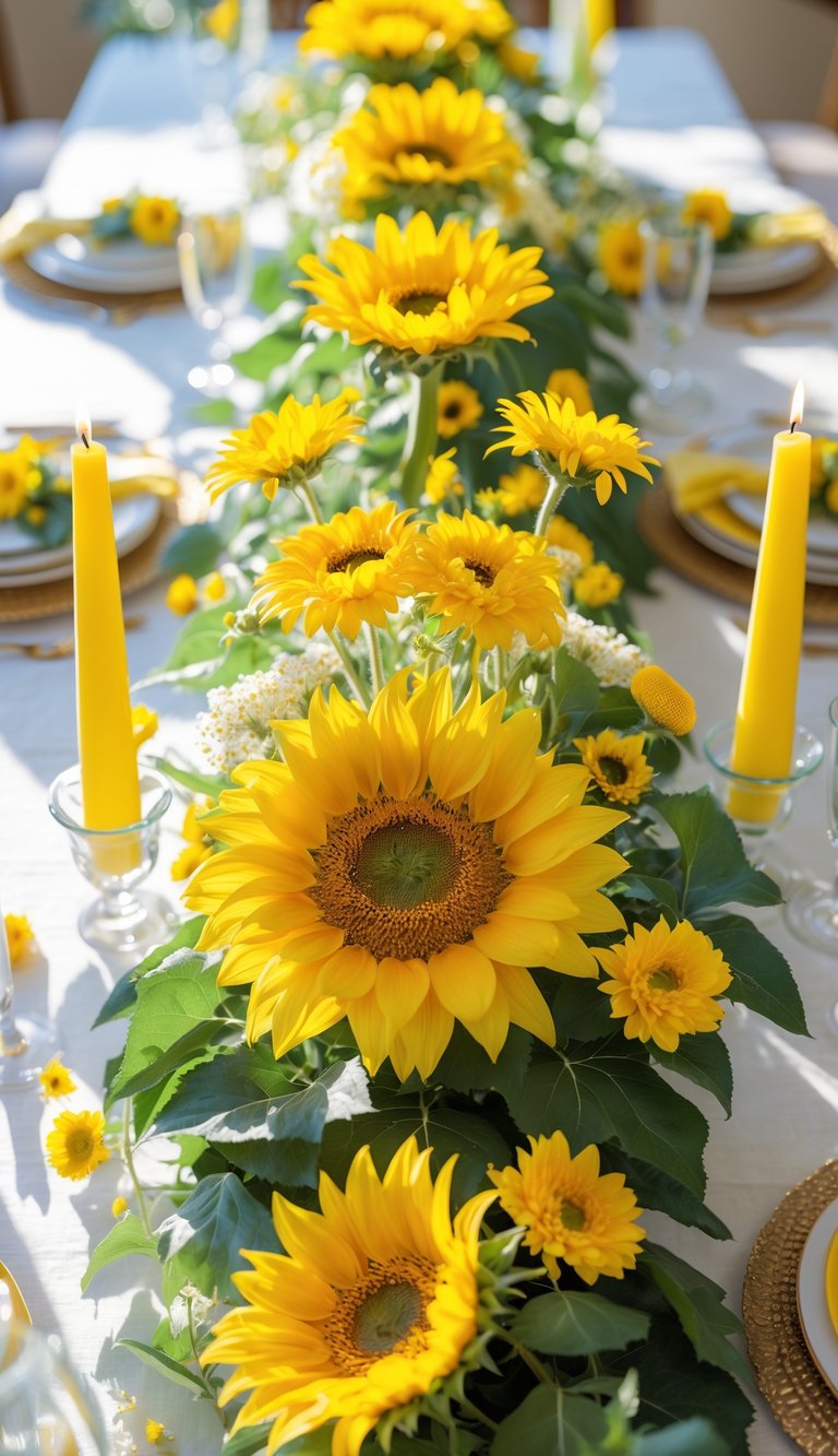A full view of a table set for an event with a bright sunflower and yellow solidago flower centerpiece, surrounded by candles and tableware.