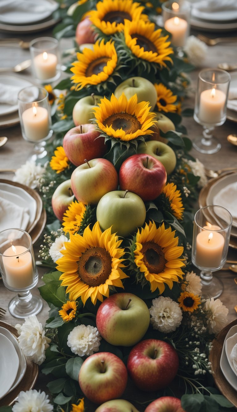 A full table setup with a sunflower and apple centerpiece surrounded by candles and floral arrangements.