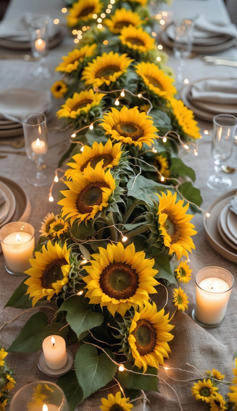 A full view of a table decorated with a sunflower centerpiece wrapped in solar string lights, surrounded by candles and floral accents.