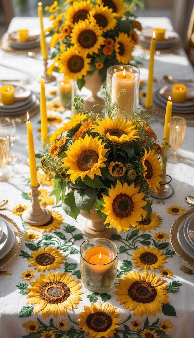 A full table setup with a sunflower-embroidered tablecloth, sunflowers and other flowers in vases, candles, and tableware arranged for a festive event.