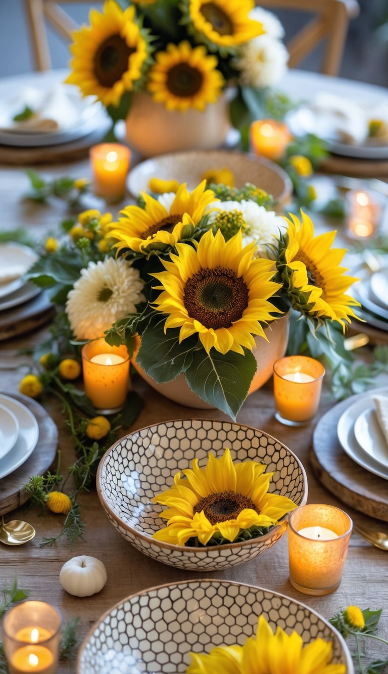 A full view of a table set with sunflower and honeycomb pattern ceramic bowls, fresh sunflowers, candles, and floral centerpieces arranged for a festive gathering.