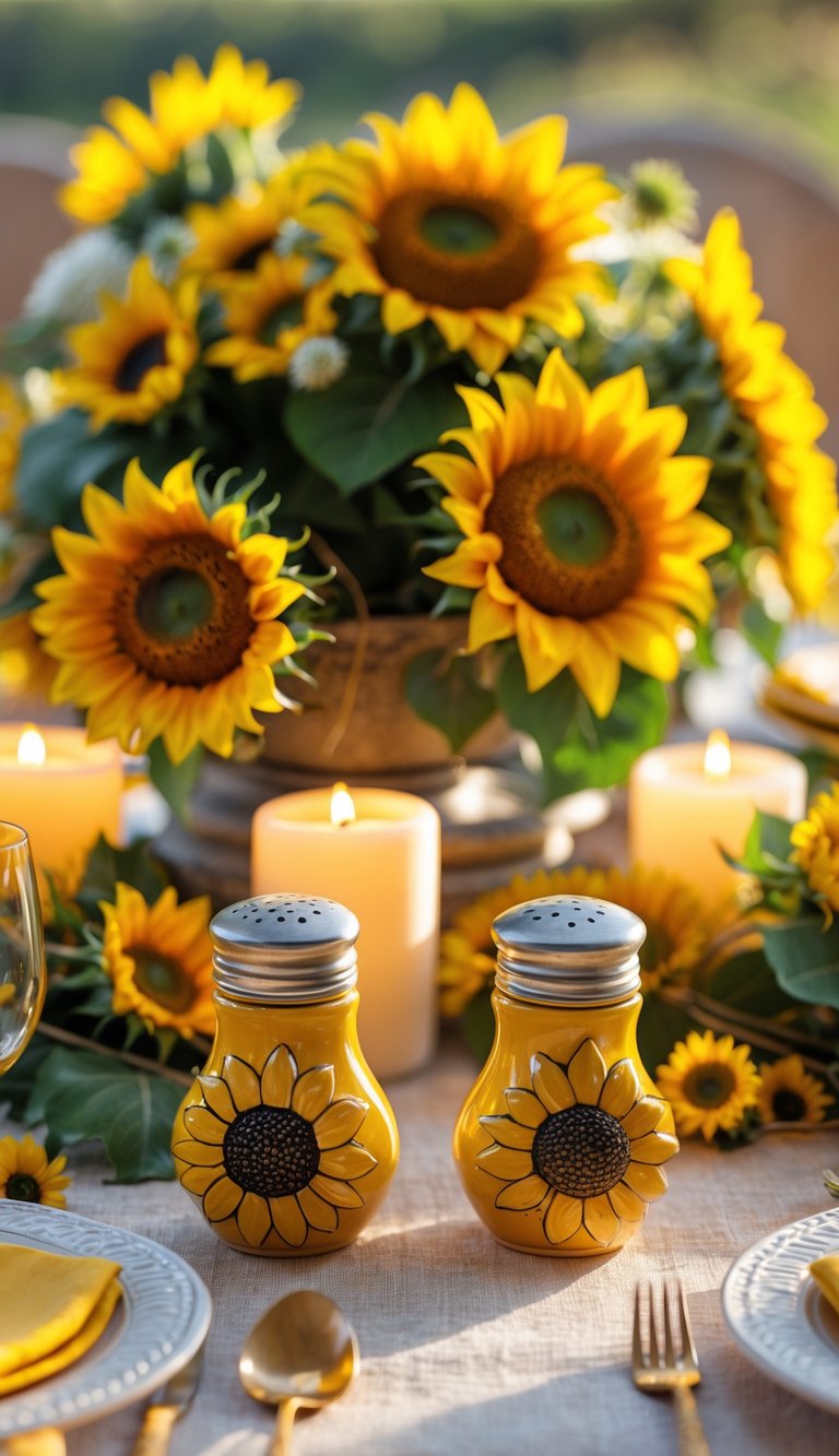 A full view of a table set with sunflower-themed decorations including sunflower-shaped salt and pepper shakers, fresh sunflowers, candles, and elegant tableware.