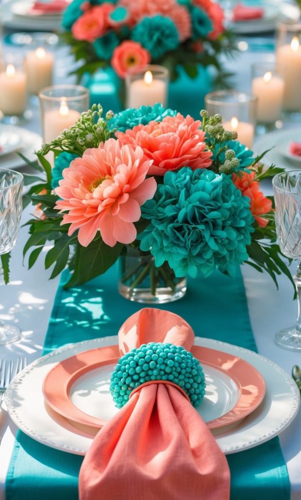 A table set for a formal event features coral and teal floral centerpieces, matching napkins and table runner, crystal glasses, and lit candles.
