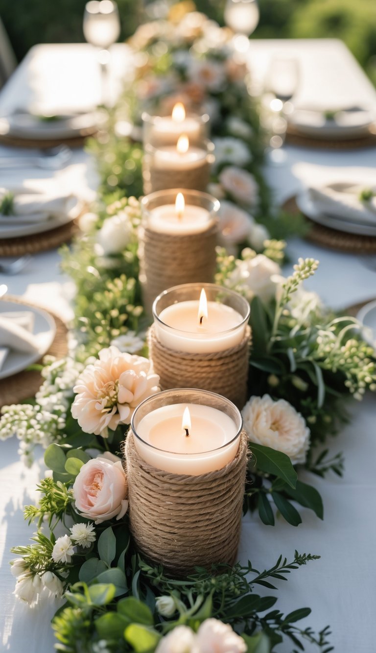 A summer wedding table set with rope-wrapped candle holders, surrounded by fresh flowers and greenery, lit by natural sunlight.