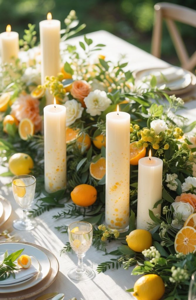 A table set with white plates, gold cutlery, glasses, and decorated with lit white candles, lemons, oranges, and lush floral arrangements.