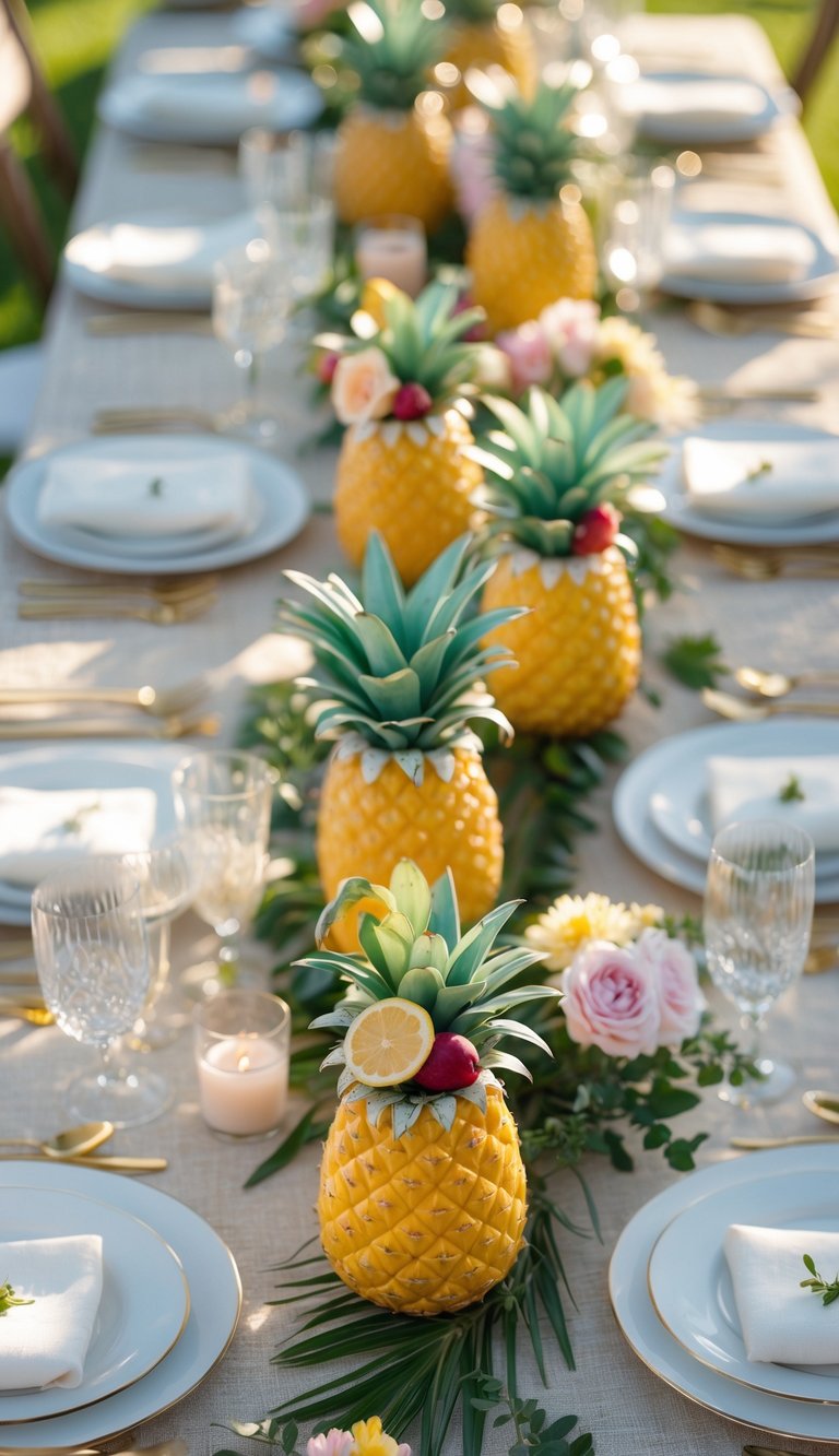 A summer wedding table set outdoors with pineapple-shaped cocktail holders, floral centerpieces, candles, and neatly arranged tableware under natural sunlight.