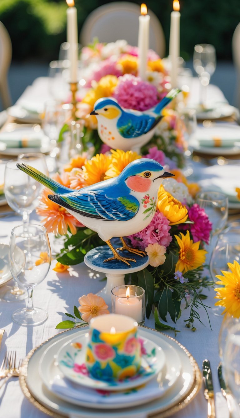 A summer wedding table set with colorful ceramic bird figurines, candles, and floral arrangements under natural light.