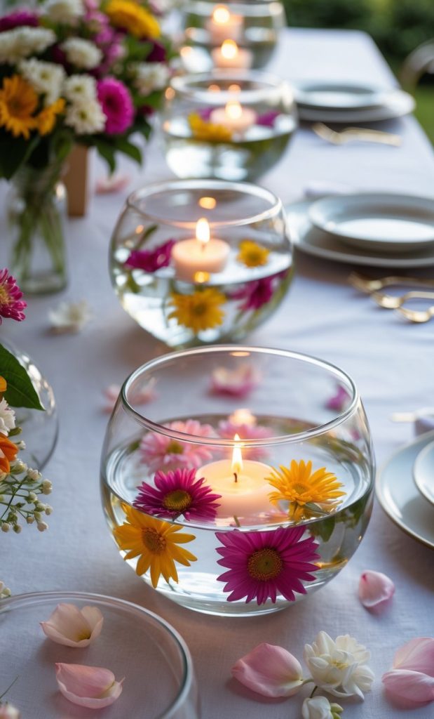 Table decorated with round glass bowls filled with water, floating candles, and colorful flowers; plates and petals are arranged along a white tablecloth.