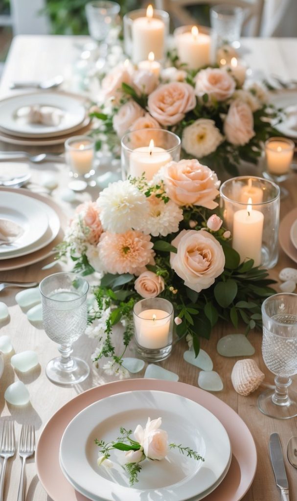 A decorated dining table with white plates, pink napkins, candles, flowers, and glassware, accented by scattered stones and seashells.