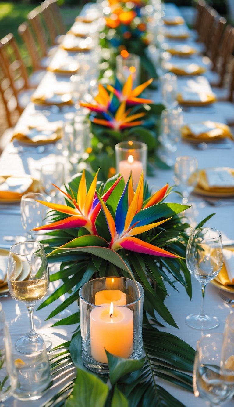 A beautifully set long table with vibrant tropical bird of paradise flower centerpieces, lit candles, glassware, and plates arranged for a summer wedding.