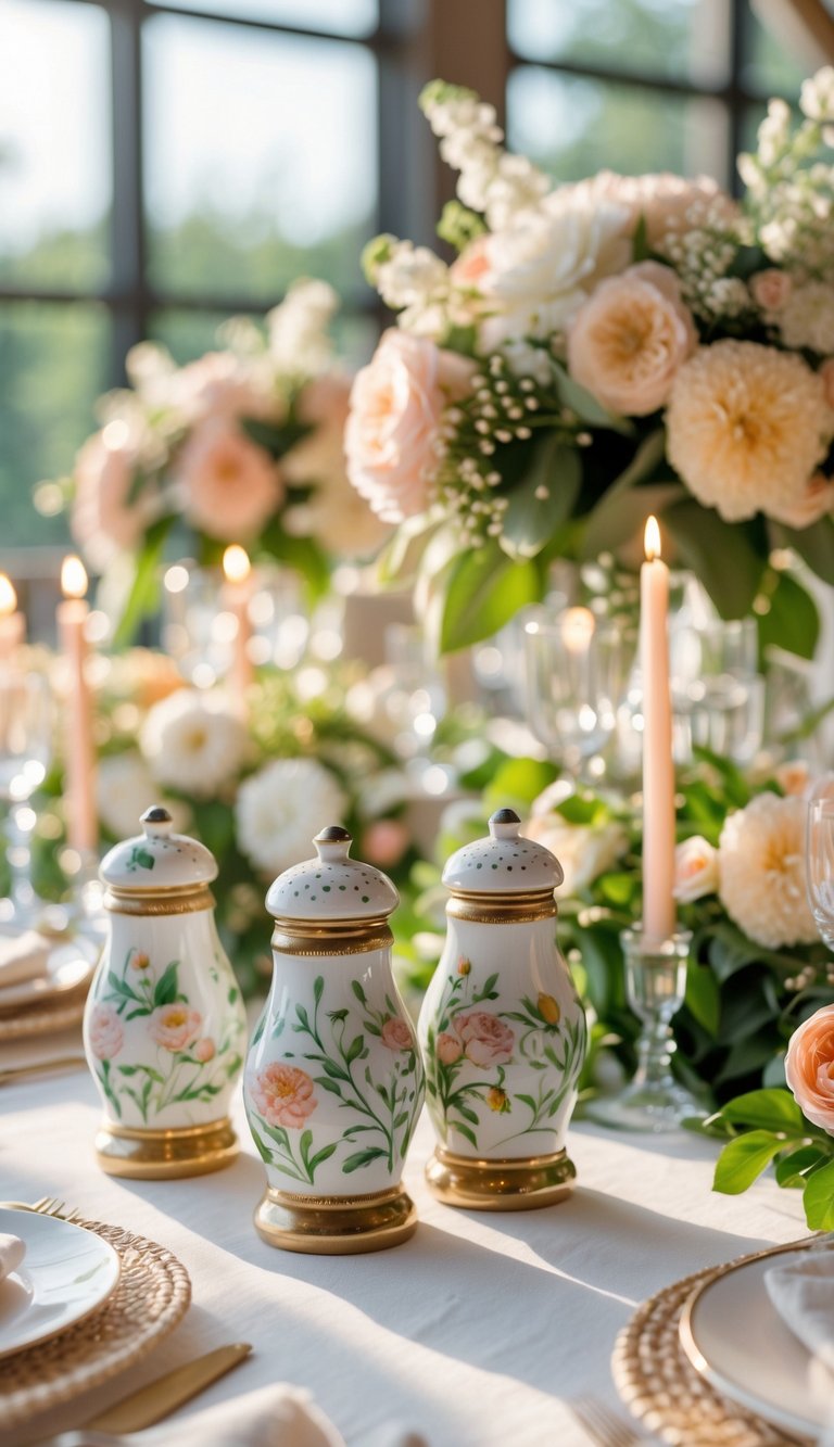 A summer wedding table set with hand-painted ceramic salt and pepper shakers, floral centerpieces, and lit candles under natural light.