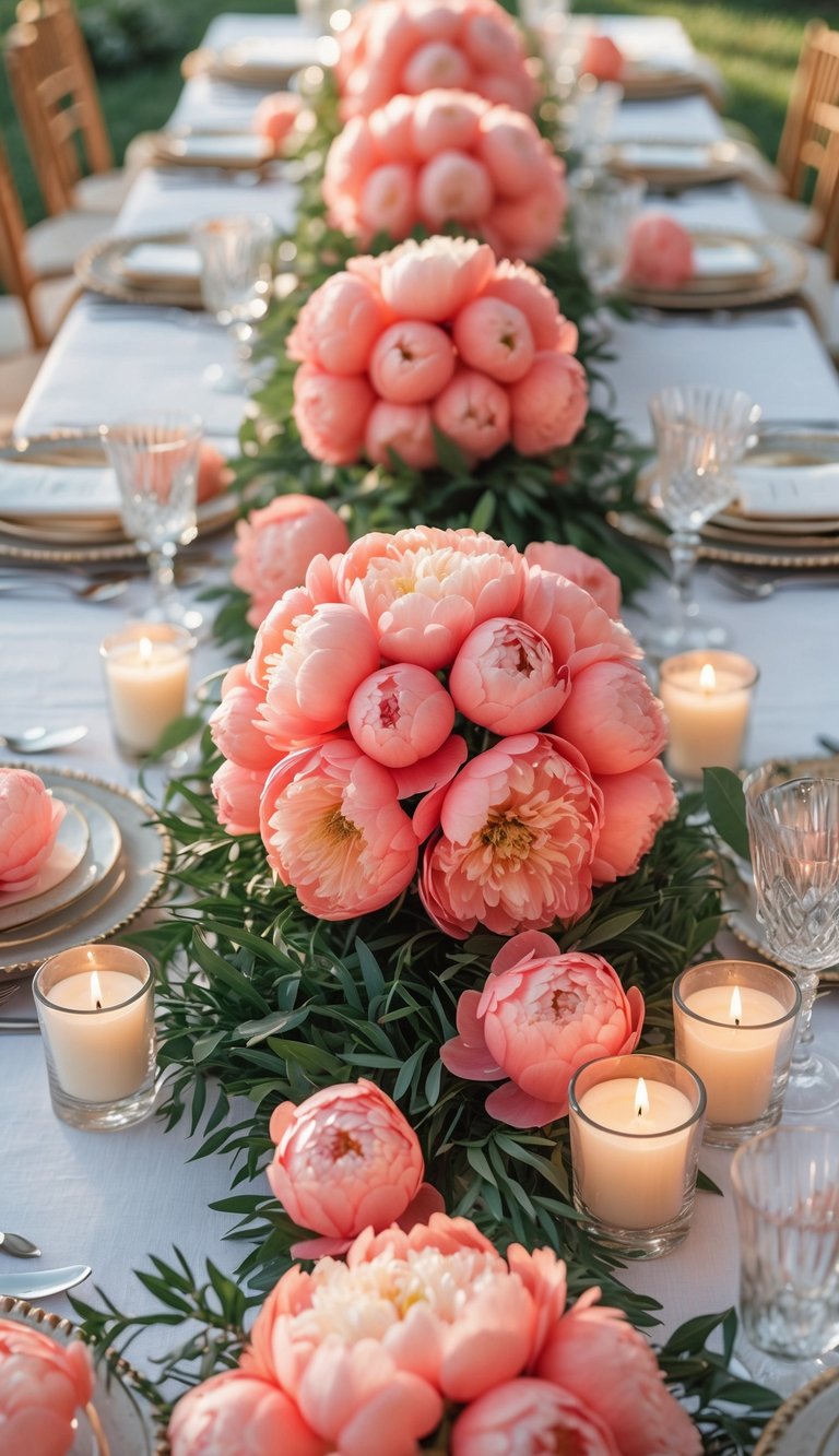 A summer wedding table set with bright coral peony pomanders, candles, greenery, fine china, and glassware under natural light.