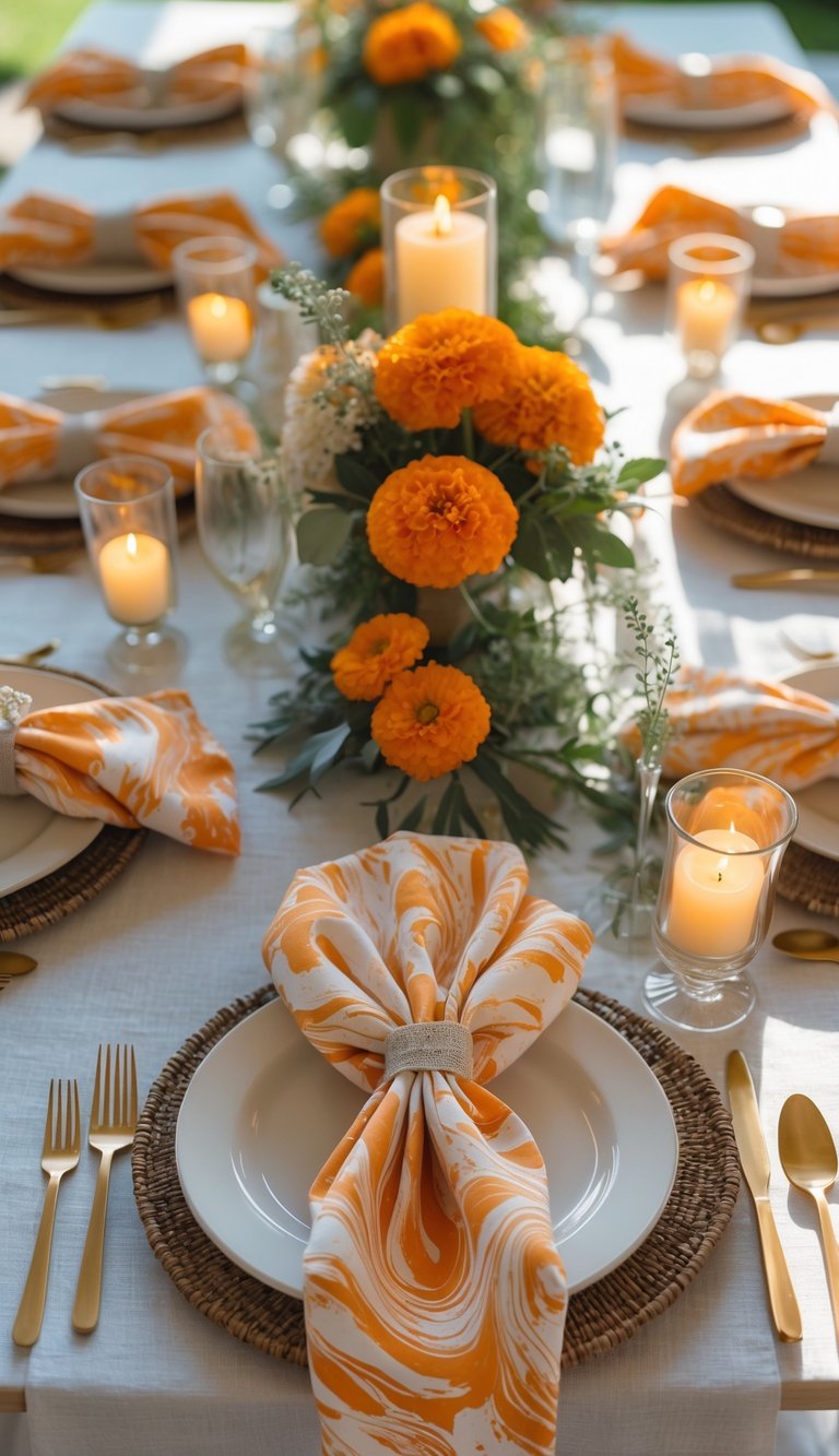 A summer wedding table set with orange marigold napkins, floral centerpieces, and candles under natural light.