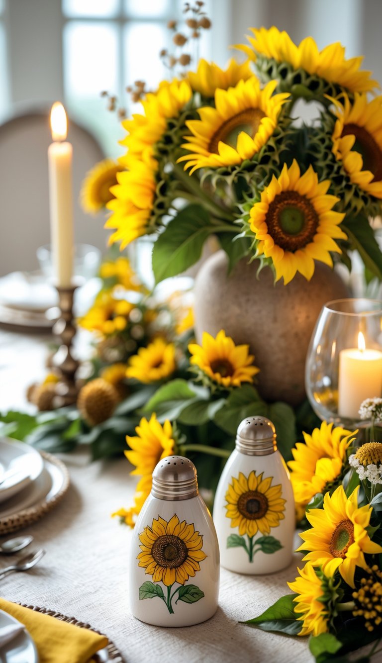 A beautifully arranged dining table featuring sunflower-themed ceramic salt and pepper shakers, a centerpiece of fresh sunflowers and florals, candles, and elegant table settings under natural light.