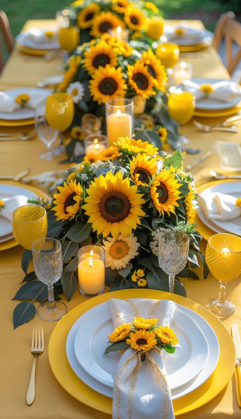 A full table set with bright yellow chargers under white plates, sunflower centerpieces, candles, and floral decorations on a festive table.