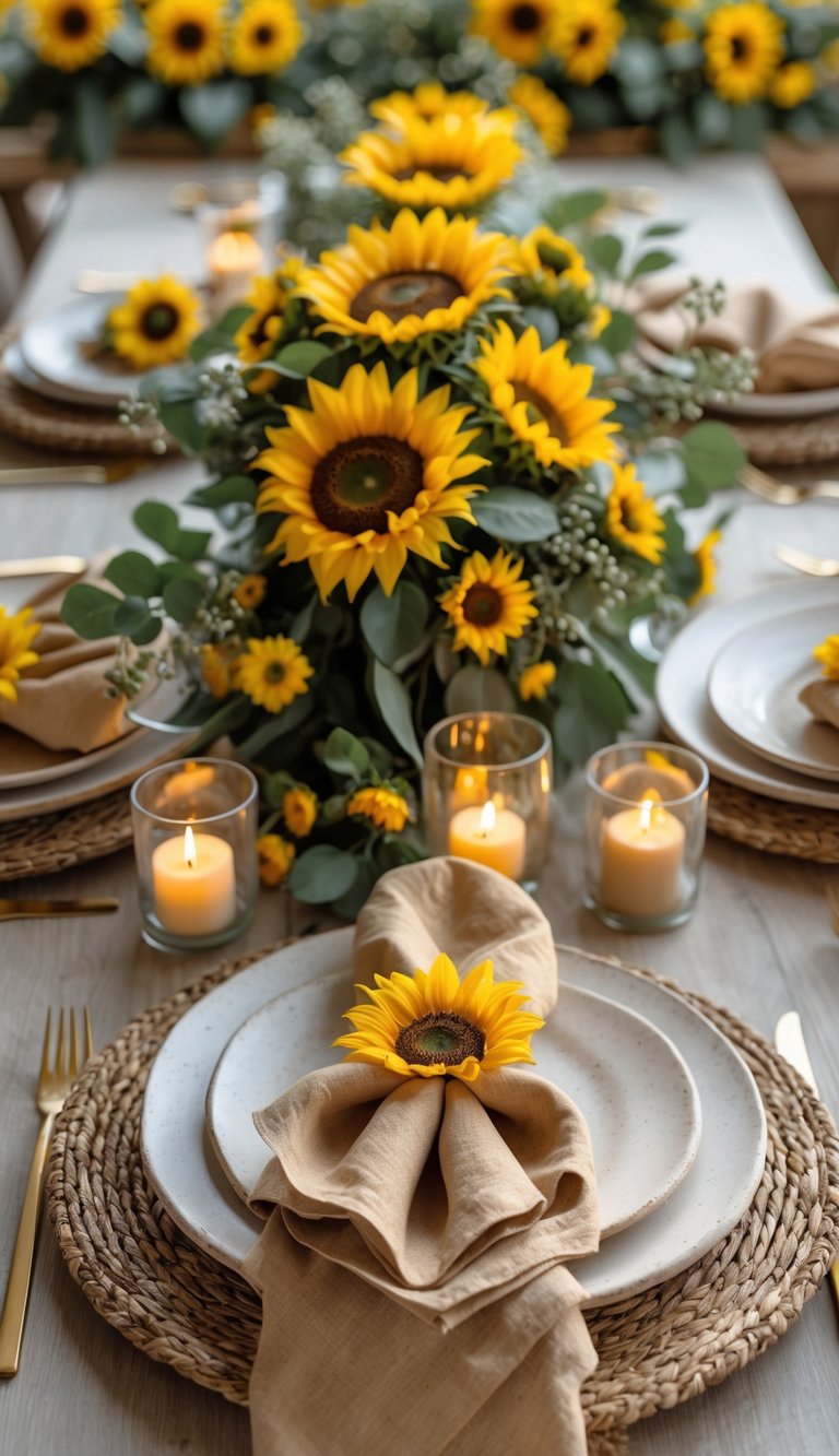 A full view of a dining table decorated with sunflower napkin folds, sunflowers, candles, and floral centerpieces.