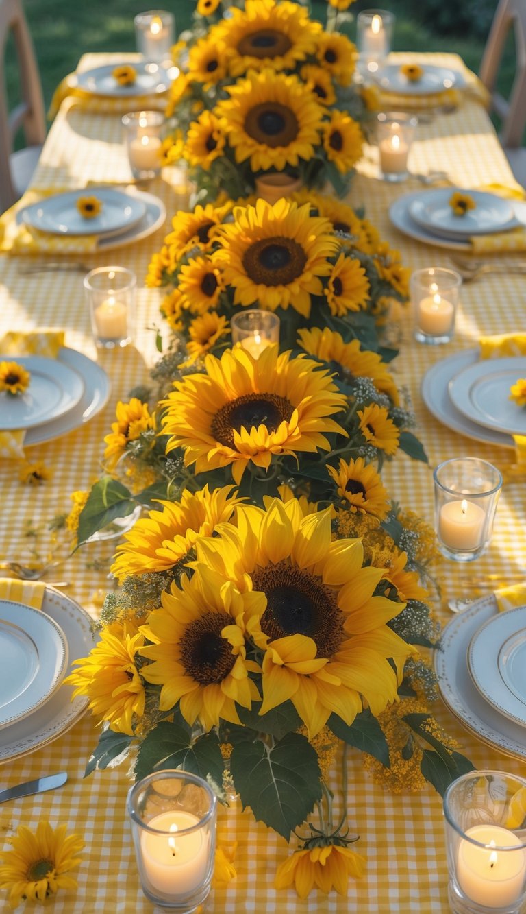 A table set with a yellow gingham tablecloth decorated with sunflowers, candles, and floral centerpieces, illuminated by natural light.