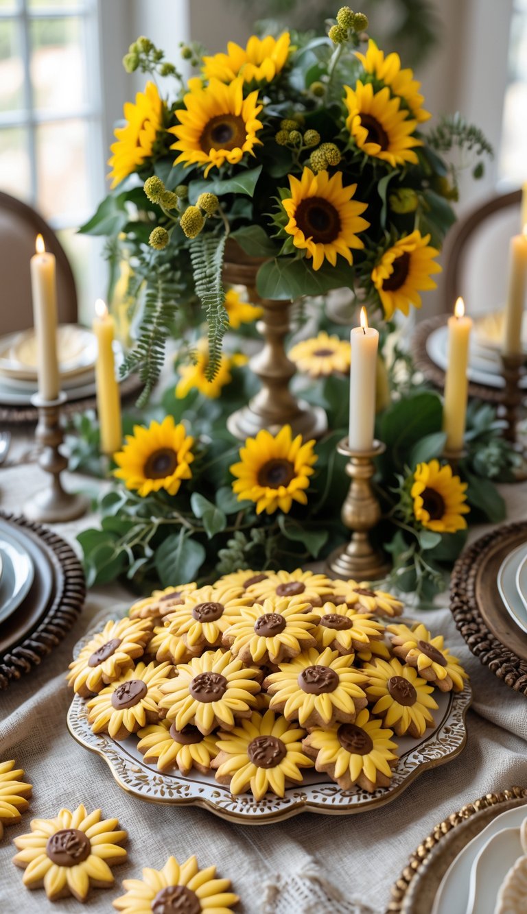 A full table view with sunflower-shaped sugar cookies on a platter, surrounded by sunflowers, candles, and tableware arranged for an event.
