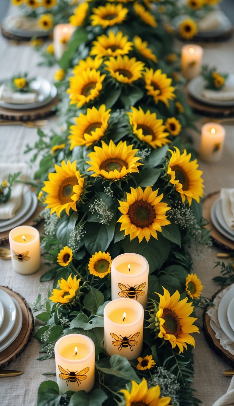 A beautifully arranged table with sunflowers, candles painted with bees, and greenery as centerpieces, set for a festive event.