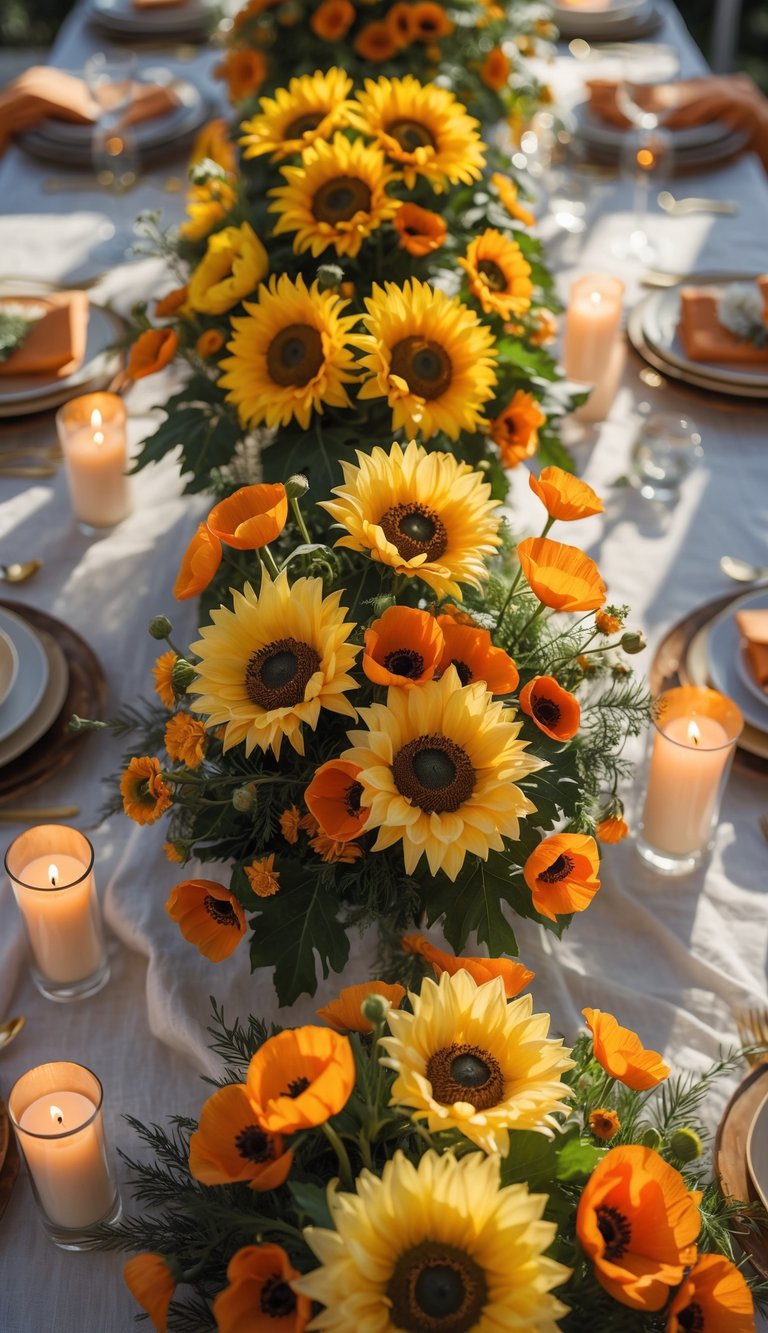 A full table view with bright yellow sunflowers and orange poppies arranged in centerpieces surrounded by candles and tableware in natural daylight.