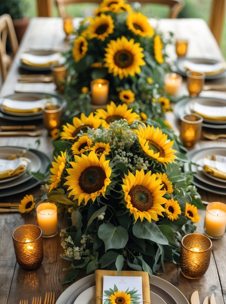 A wooden table set for a meal with plates, cutlery, candles, and a centerpiece of sunflowers and greenery; a menu card is placed on each setting.