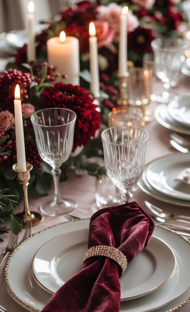 Elegant table setting with white plates, crystal glasses, burgundy velvet napkins with rings, lit candles, and floral centerpieces featuring red and pink flowers.