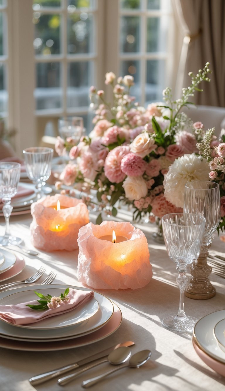 A dining table set with plates, glasses, cutlery, pink Himalayan salt candle holders, and floral centerpieces under natural light.