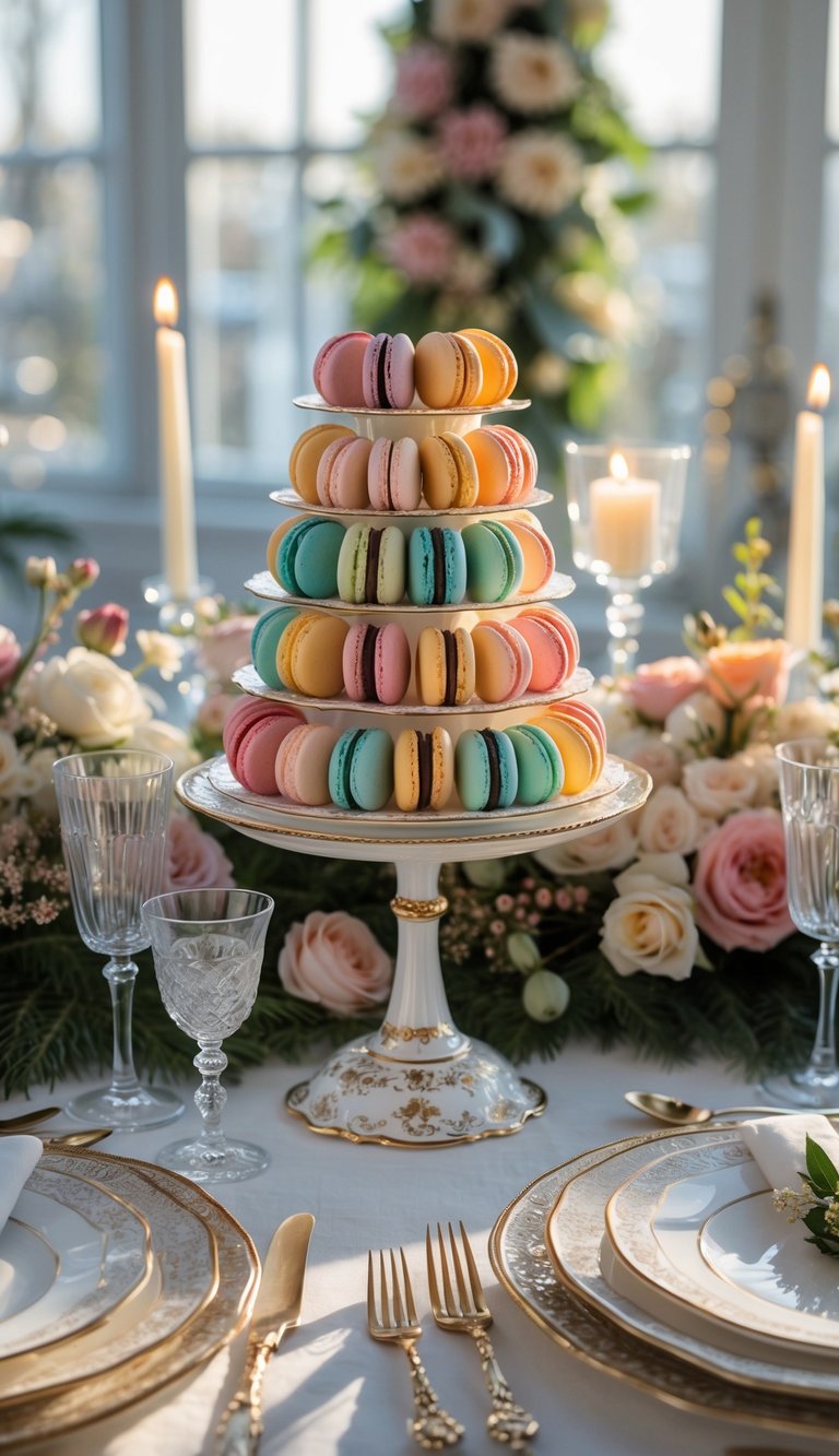 A dining table set with plates, glasses, cutlery, a china cake stand holding a macaron tower, surrounded by flowers and candles.