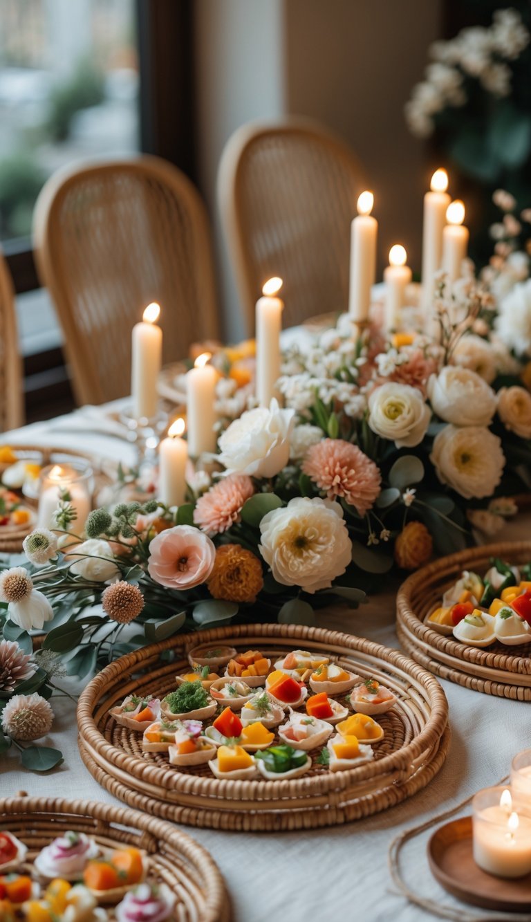 A full table setup with braided rattan trays holding appetizers, surrounded by candles and floral centerpieces under natural light.