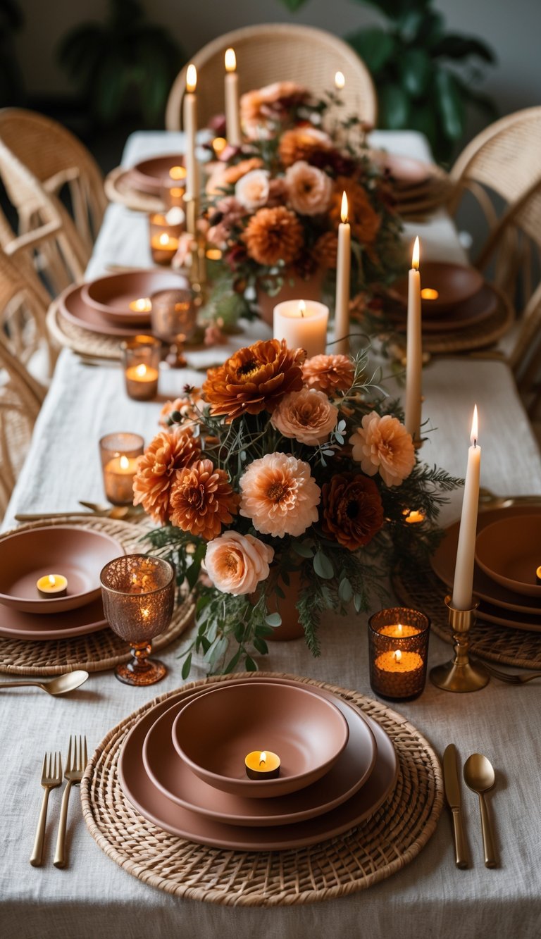 A full table set with terracotta-colored dishes, rattan mats, floral centerpieces, and lit candles under natural light.