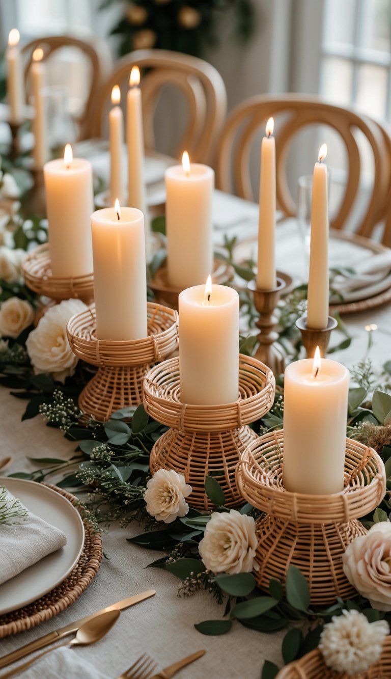 A full table setup with rattan candle holders holding pillar candles surrounded by flowers and greenery.