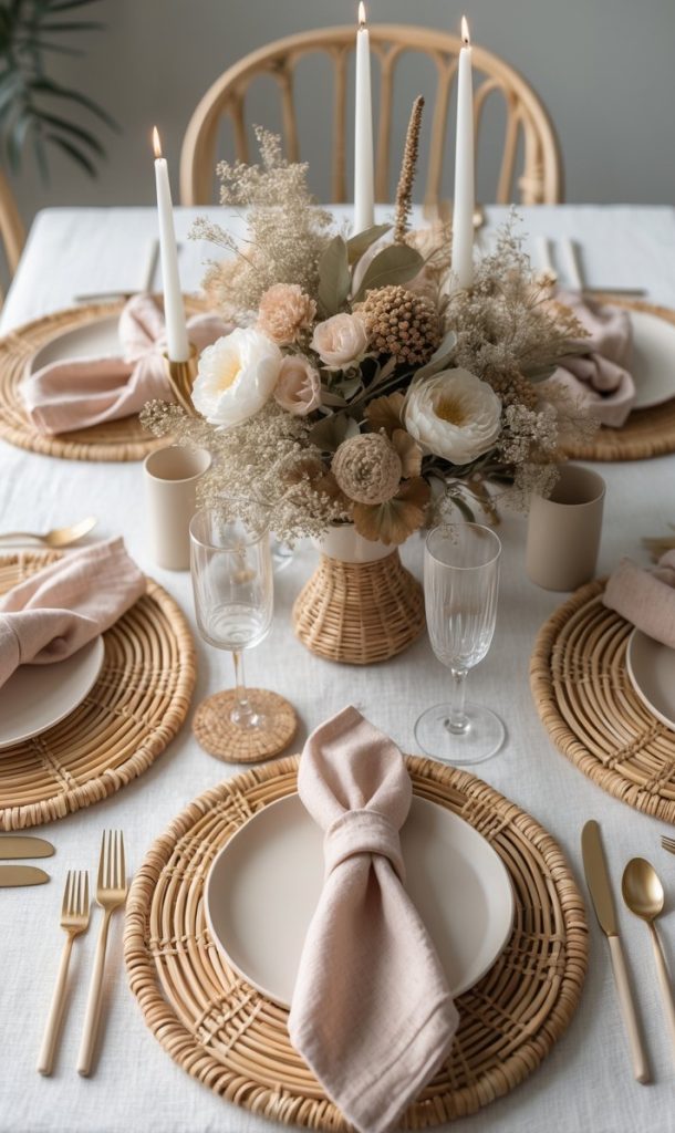 A table set with a vase of flowers and plates.