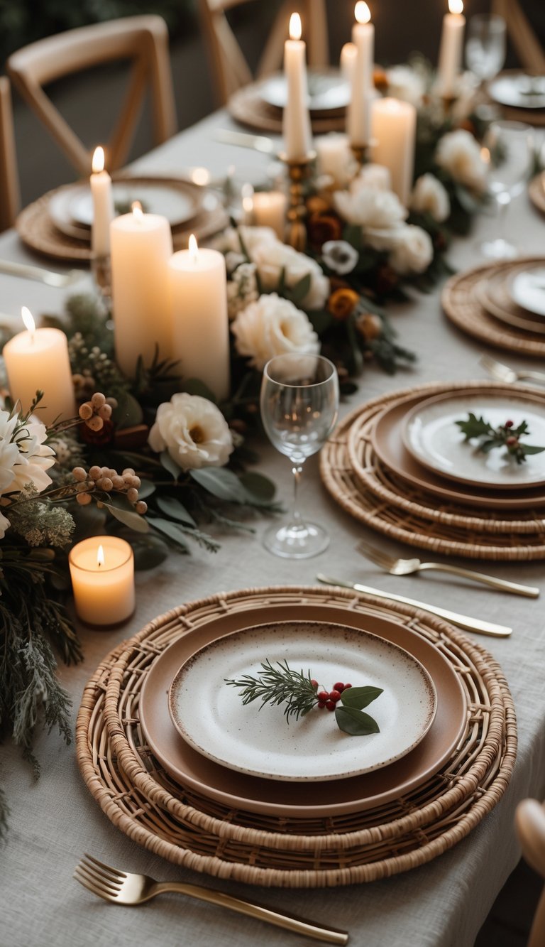 A dining table set with ceramic dishes and rattan plates, decorated with candles and flowers.