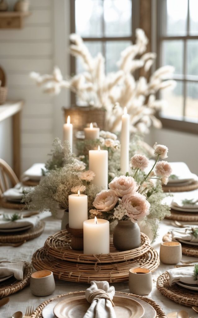 A dining table set with woven placemats, ceramic plates, beige napkins, candles, and floral arrangements in a softly lit room with large windows.