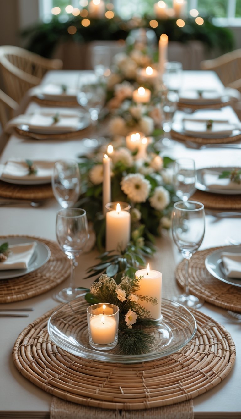 A full table setting with layered rattan mats under glass platters, surrounded by floral centerpieces and candles.