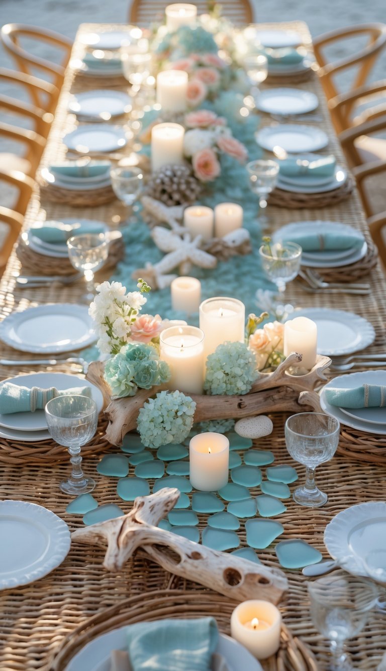 A full table set with rattan furniture, decorated with sea glass accents, candles, and floral centerpieces under natural light.
