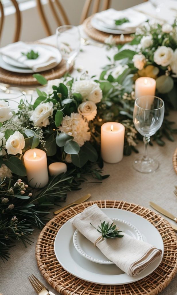 A dining table set with woven placemats, white plates, beige napkins with greenery, gold cutlery, candles, and white floral centerpieces.