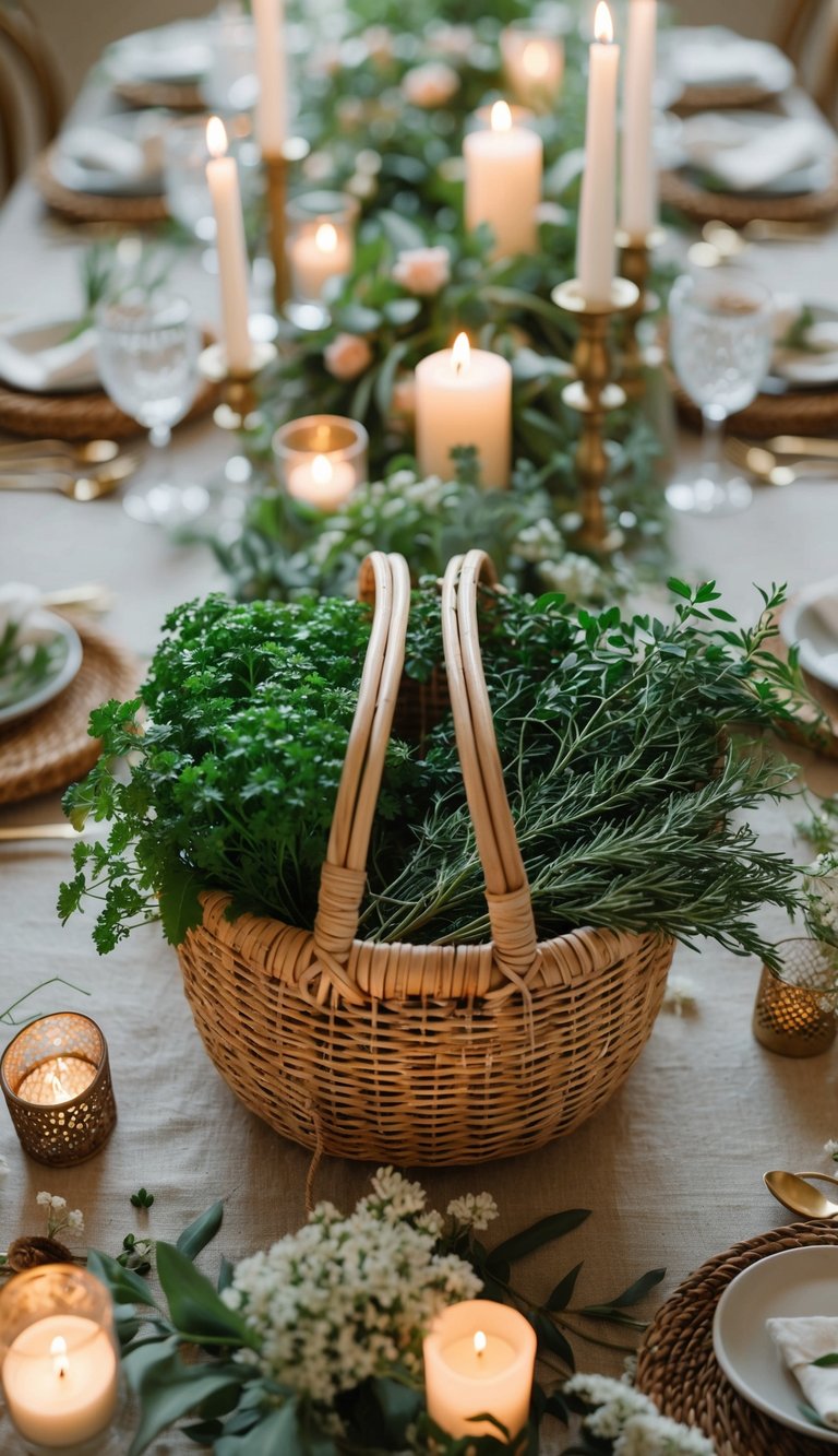 A full table set for an event with a rattan basket filled with fresh herbs as the centerpiece, surrounded by candles and flowers.