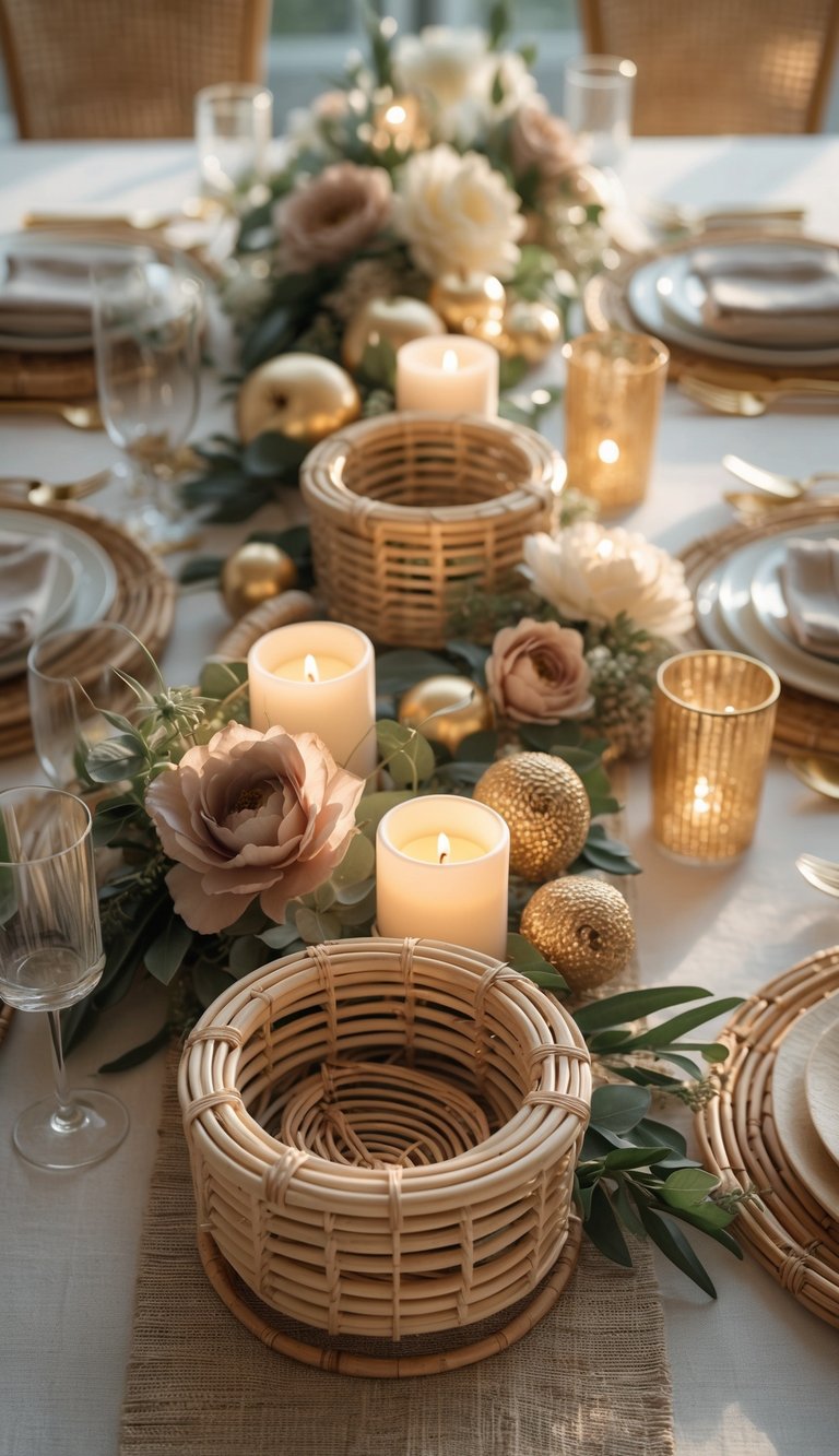 A beautifully arranged table with rattan decorations, gold accents, candles, and floral arrangements set in natural daylight.