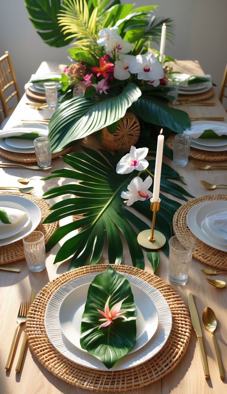 A tropical event table set with rattan placemats, white plates, gold cutlery, palm leaves, floral centerpiece, and candles on a wooden table under natural light.