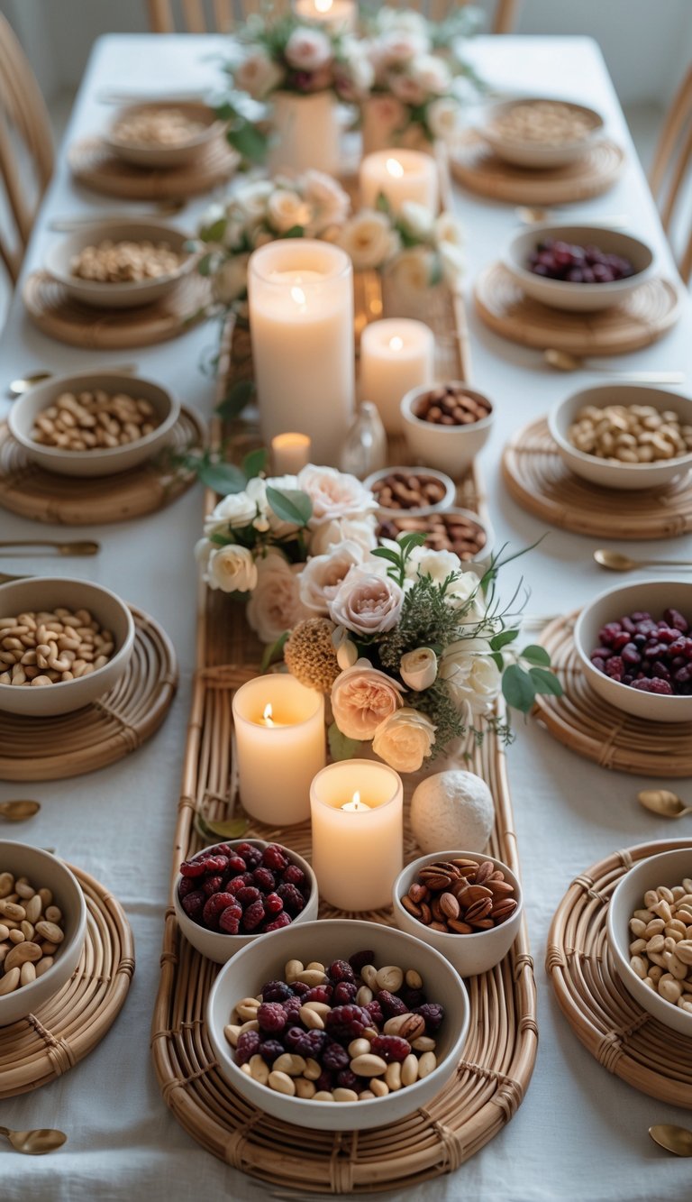 A full view of a table with rattan trays holding small bowls of nuts and dried fruits, surrounded by candles and floral centerpieces.