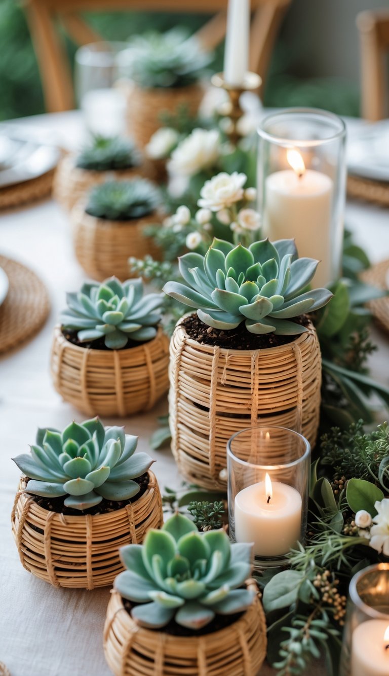 A table set with small potted succulents in rattan holders, candles, and floral arrangements under natural light.