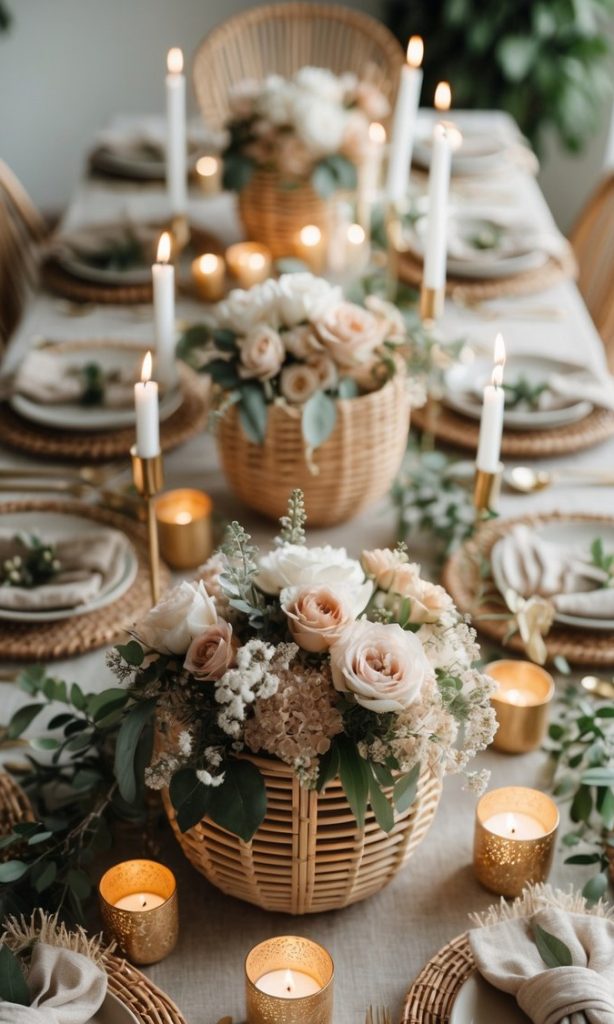A dining table is set with woven baskets of white and blush flowers, lit candles, gold cutlery, and neatly arranged plates with napkins, creating an elegant, rustic atmosphere.