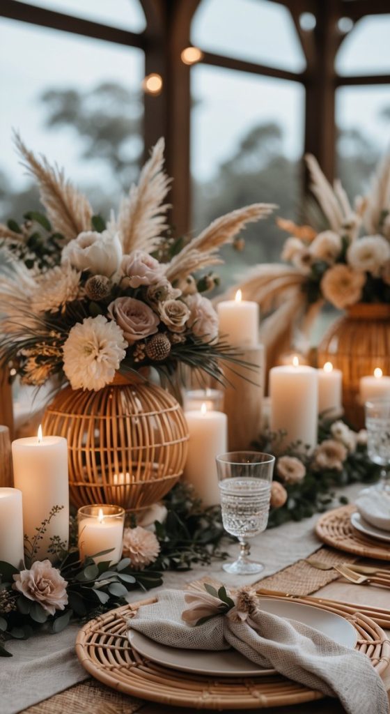 A wooden table set for a meal features woven placemats, cloth napkins, glassware, lit pillar candles, and floral centerpieces with pampas grass and roses.