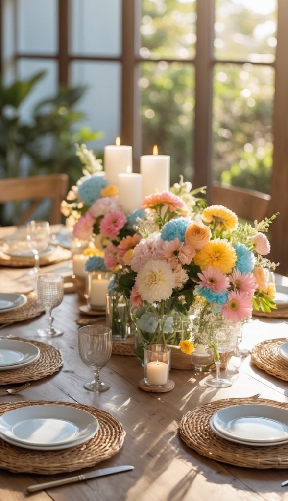 A dining table set with woven placemats, plates, glassware, floral centerpieces with pastel flowers, candles, and sunlight streaming through large windows in the background.