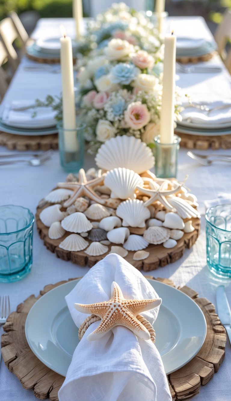 A summer table set outdoors with seashell and starfish napkin rings, white plates, candles, and floral centerpieces under natural sunlight.